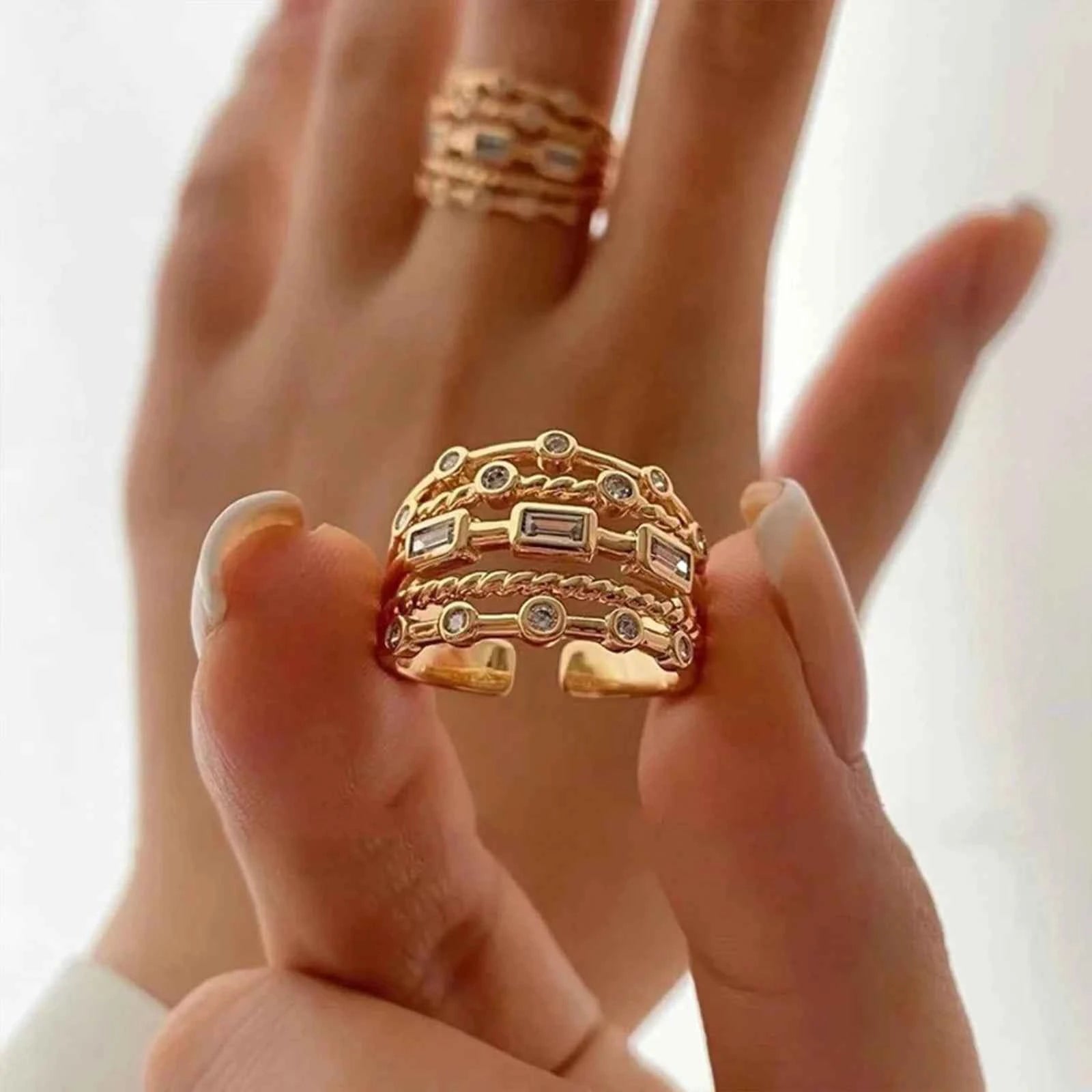 18K Gold Plated Sun Rings for Women with Natural Stone Inlaid in Hollow Metal Texture - Trendy Jewelry