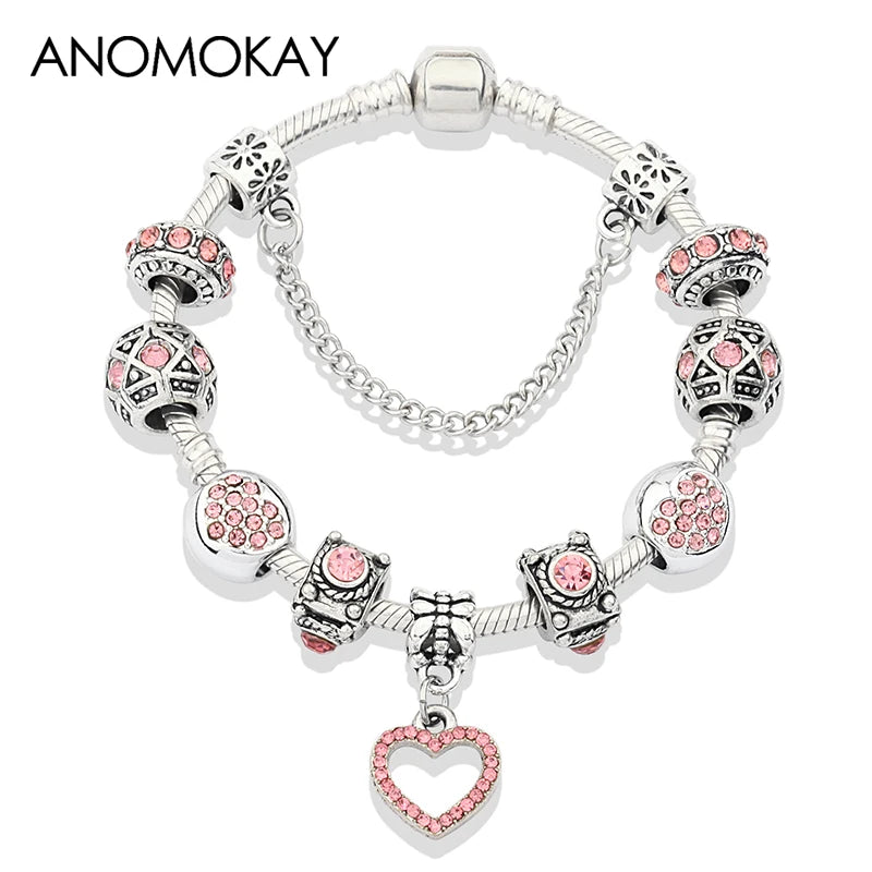 Valentine's Heart Crystal Bracelet - Elegant Pink Charm Bracelet for Loved Ones