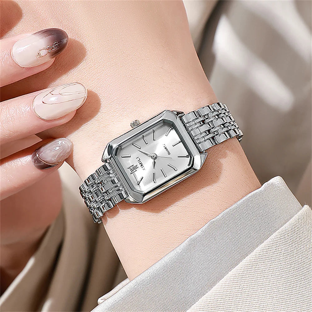 Luxury Ladies Quartz Watch - Simple Scale Square Gold Plated Business Stainless Steel Folding Clock