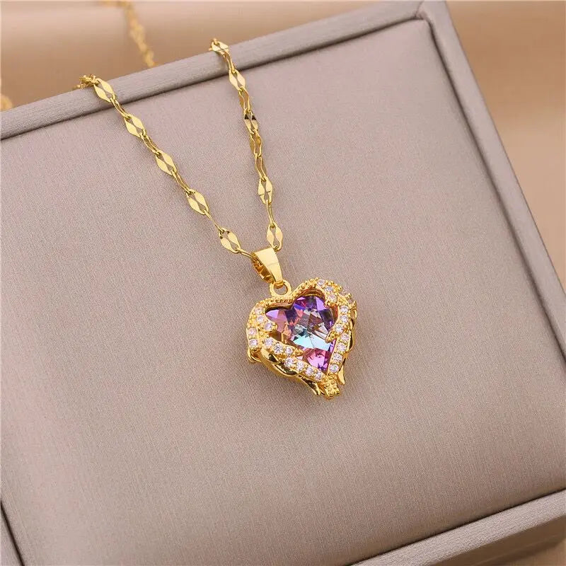 Top Luxury Crystal Heart Necklace - Colorful Ocean Pendant for Women in 316L Stainless Steel