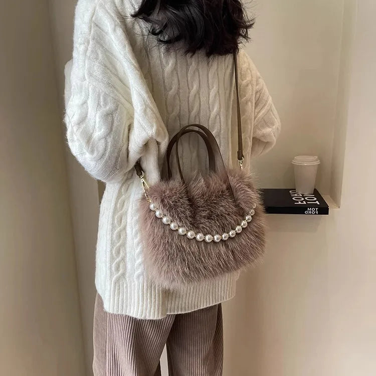 Winter Fashion Faux Fur Crossbody Bags with Pearl Chain Decor for Women’s Gifts, Ladies Handbags Top-Handle Style
