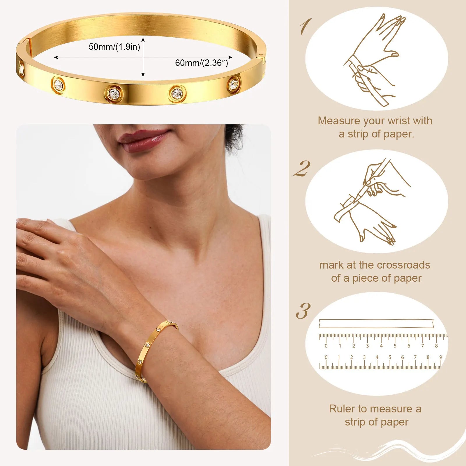 Cubic Zirconia Gold Stainless Steel Bangle – Premium Waterproof Accessory