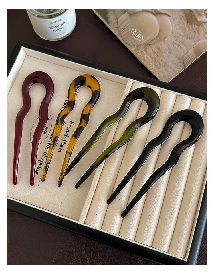 U-Shaped Tortoiseshell Hairpin for Women – Geometric Hair Fork, Fashionable Hair Clips and Accessories