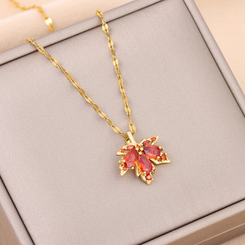 New Fashion Red Maple Leaf Pendant Necklace for Women - Cute Romantic Stainless Steel Jewelry
