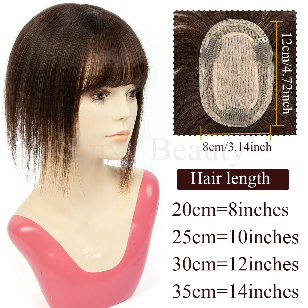 Brown Human Hair Topper with Bangs for Women - 8cmX12cm with Black Highlights for Blonde Skin, Clip-in Hair Piece