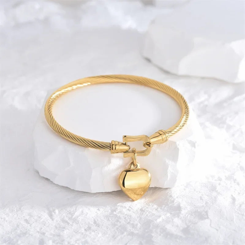 18k Gold Stainless Steel Heart Bangle Bracelet Charm for Men and Women