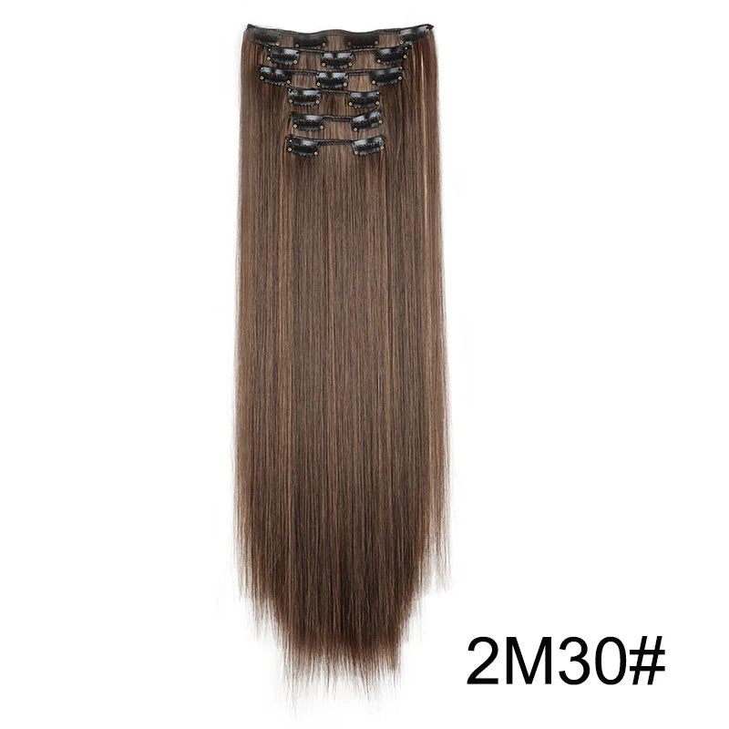 Synthetic Hair Extensions 24 Inch - 16 Clips Long Straight Hairstyle Blonde Black Heat Resistant Hairpieces for Daily Use