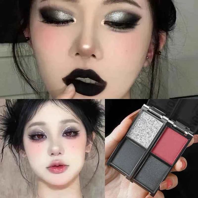 2-Color Red Black Smoky Eyeshadow - Matte & Shimmer Waterproof Dark Punk Halloween Makeup Glitter Pigment for Eyes