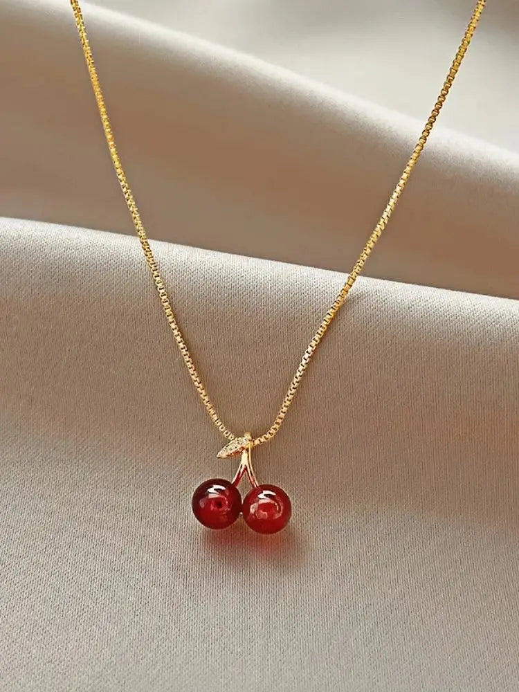 Little Wine Red Cherry Pendant Necklace for Women - Fashion Fruit Golden Chain Jewelry for Parties and Birthday Gifts