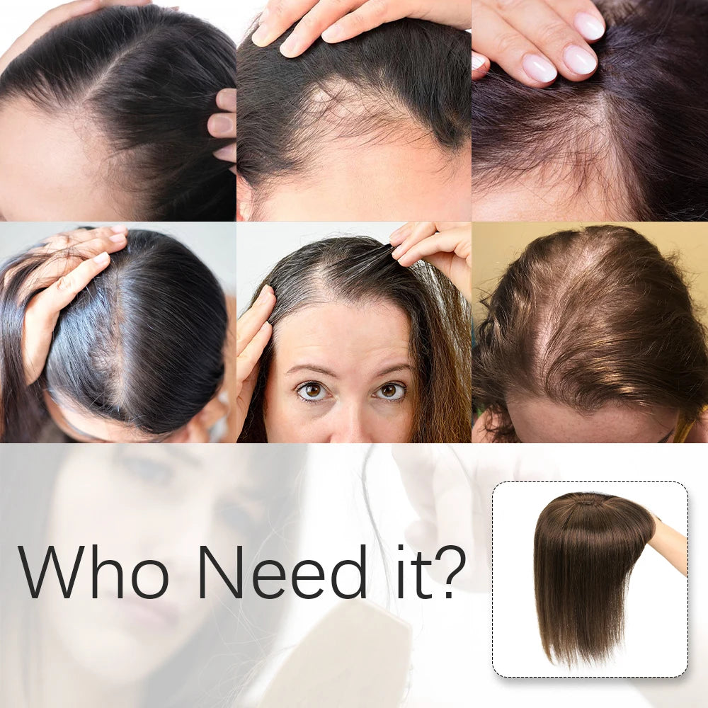 Gray Human Hair Topper for Women - 100% Natural Human Hair Clip-In Hairpiece in Black, Blonde, and Brown