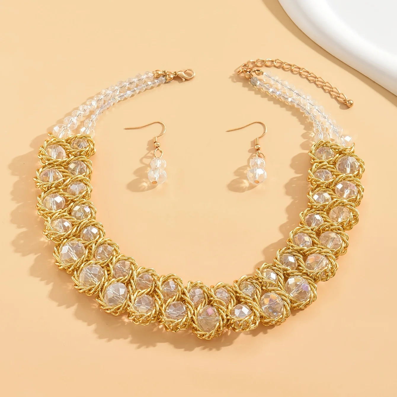 Boho Jewelry Set with Rhinestones: 1 Pair of Earrings + 1 Collar for Daily Party Accessories