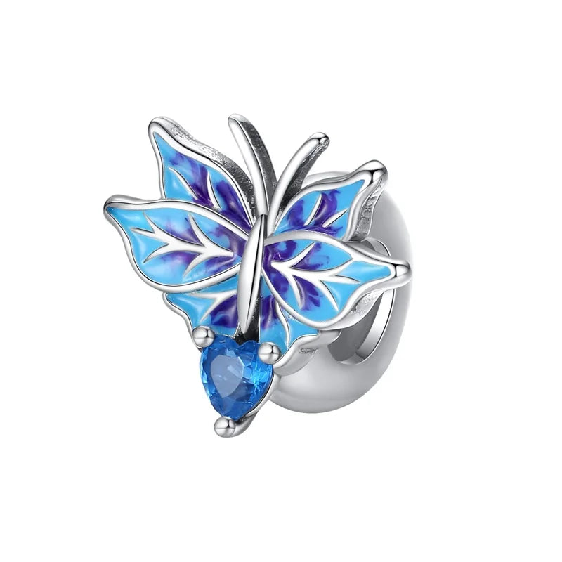 100% 925 Sterling Silver Butterfly Charm with Rainbow Zircon Colorful Dragon Shaped Silicone Stopper for DIY Bracelets Jewelry