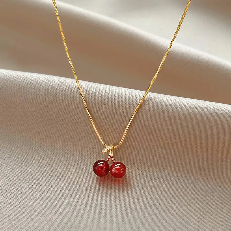Little Wine Red Cherry Pendant Necklace for Women - Fashion Fruit Golden Chain Jewelry for Parties and Birthday Gifts