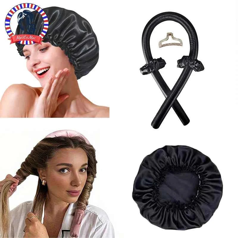 2pcs Heat Free Hair Curler Set - Satin Silk Sleeping Cap and Headwrap for Natural Curly Hair Care