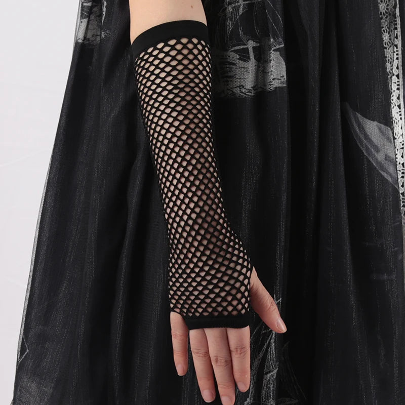 New Black Fishnet Gothic Gloves - Fingerless Long Arm Cuff Party Wear Cosplay Ninja Mitten for Women - Allurra Store