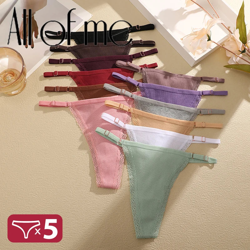 5PCS Cotton G-String Panties Set - Sexy Women's T-Back Underwear, Adjustable Waist Thong Lingerie - Allurra Store