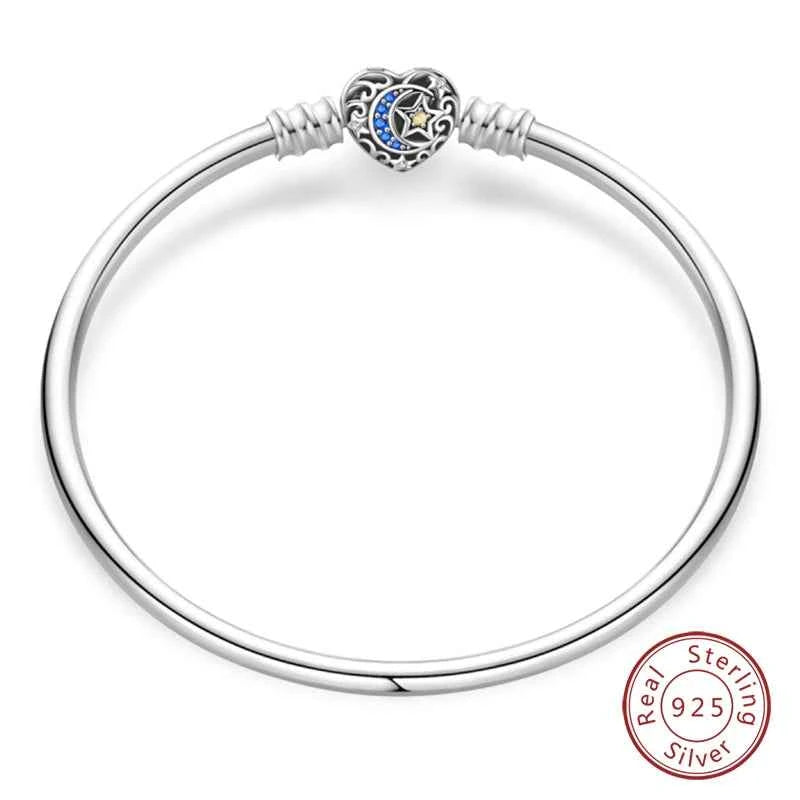 Silver 925 Moon Star Bracelet with Green Zircon - Adjustable 17-20CM Four Leaf Clover Charm Jewelry Gift