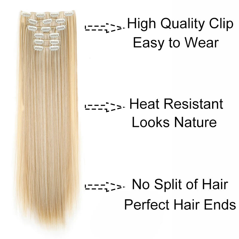 Synthetic Hair Extensions 24 Inch - 16 Clips Long Straight Hairstyle Blonde Black Heat Resistant Hairpieces for Daily Use