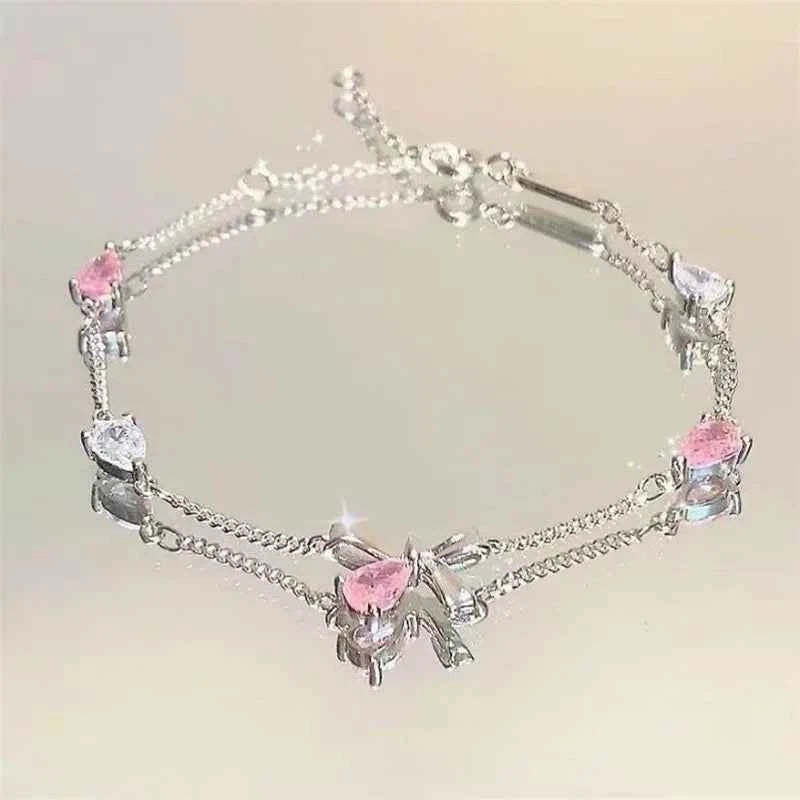 Shiny Pink Crystal Cherry Blossom Bracelet for Women and Girls - Sweet Moon Bow Flowers Zircon Party Aesthetic Jewelry