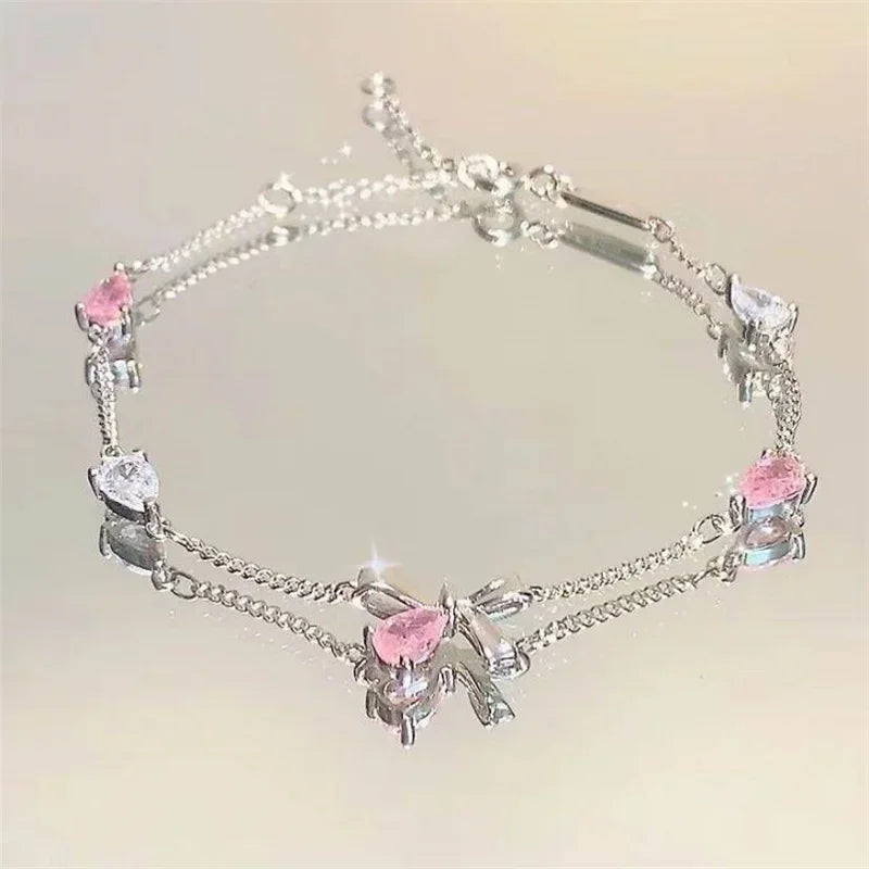 Shiny Pink Crystal Cherry Blossom Bracelet for Women and Girls - Sweet Moon Bow Flowers Zircon Party Aesthetic Jewelry