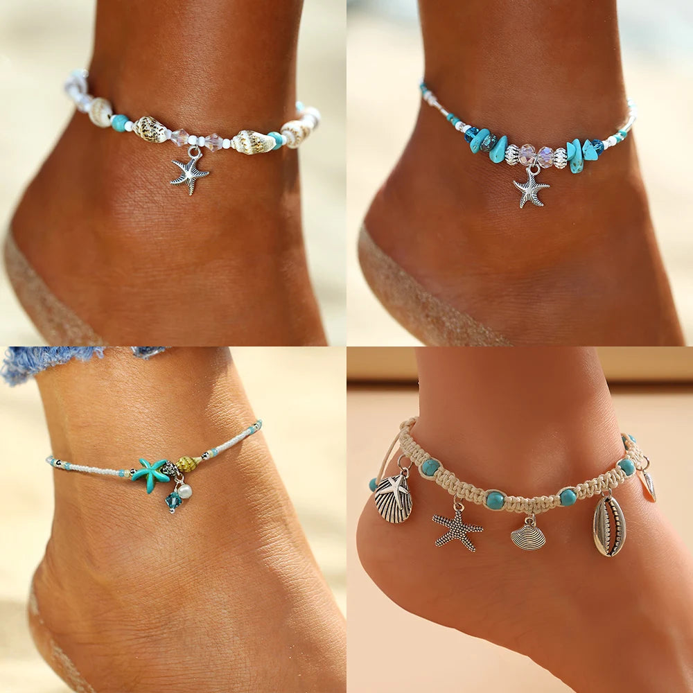 Bohemian Shell Anklets for Women - Tortoise Starfish Summer Beach Ankle Bracelet
