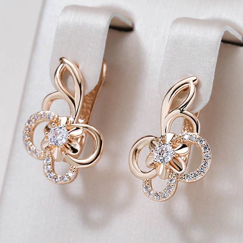 Kinel Trend Cute Hollow Flower 585 Rose Gold Drop Earrings for Women - Natural Zircon Creative Fashion Jewelry