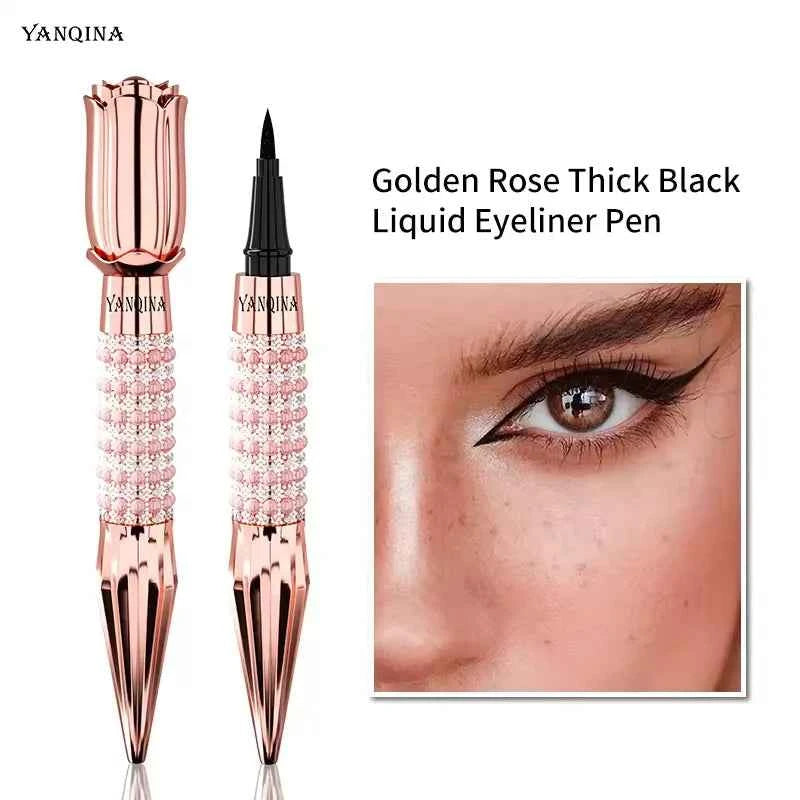 Precision Black Liquid Eyeliner with Rhinestones - Long-Lasting Waterproof Quick-Dry Eye Makeup