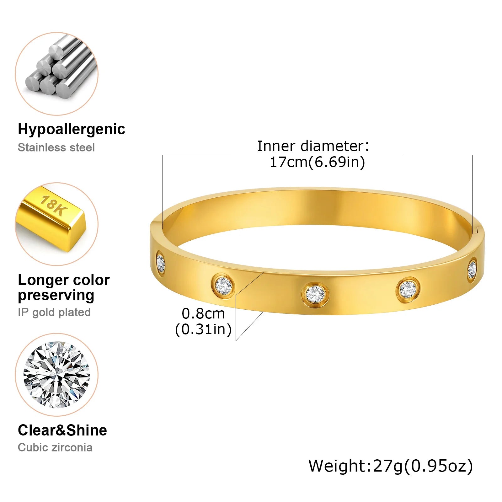 Cubic Zirconia Gold Stainless Steel Bangle – Premium Waterproof Accessory