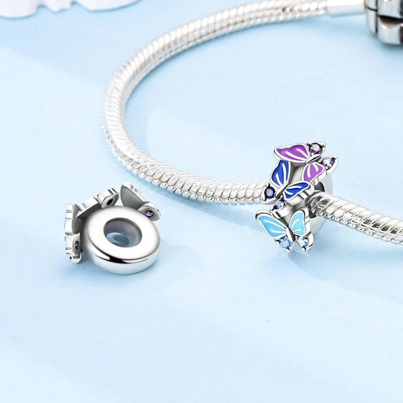 100% 925 Sterling Silver Butterfly Charm with Rainbow Zircon Colorful Dragon Shaped Silicone Stopper for DIY Bracelets Jewelry