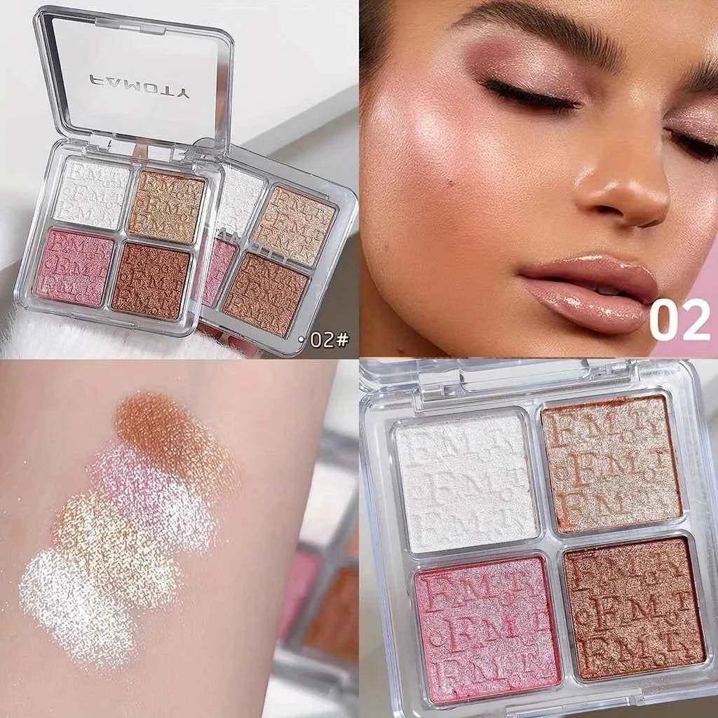 4 Color Face Highlighter Palette - Waterproof Glitter Shimmer Baked Powder Illuminator for Natural Glow Makeup