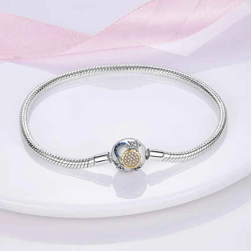 Silver 925 Moon Star Bracelet with Green Zircon - Adjustable 17-20CM Four Leaf Clover Charm Jewelry Gift