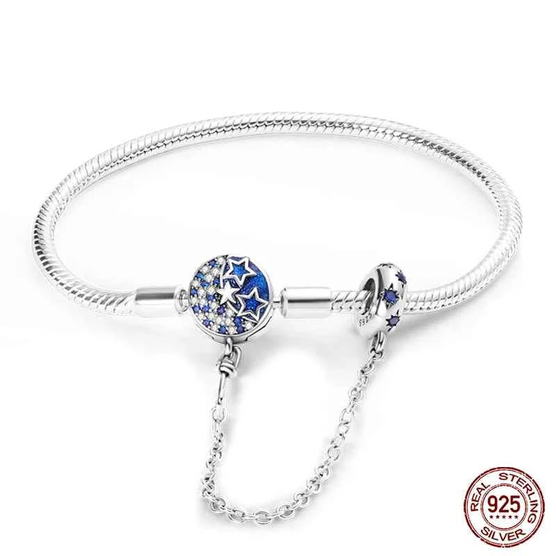 Silver 925 Moon Star Bracelet with Green Zircon - Adjustable 17-20CM Four Leaf Clover Charm Jewelry Gift