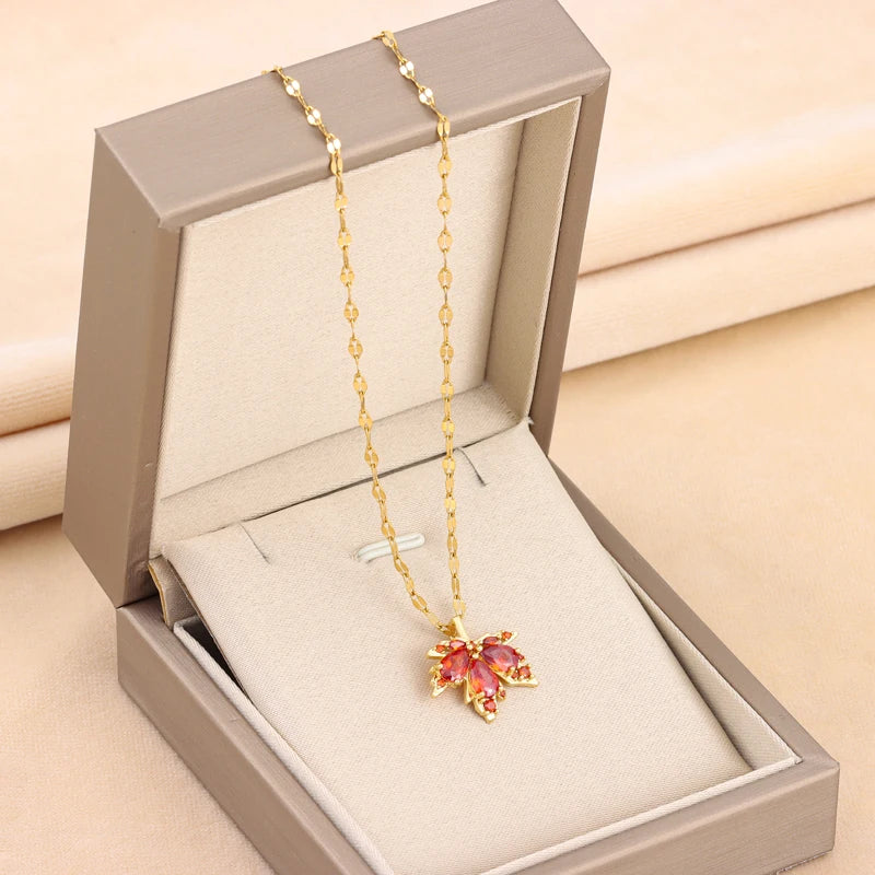 New Fashion Red Maple Leaf Pendant Necklace for Women - Cute Romantic Stainless Steel Jewelry