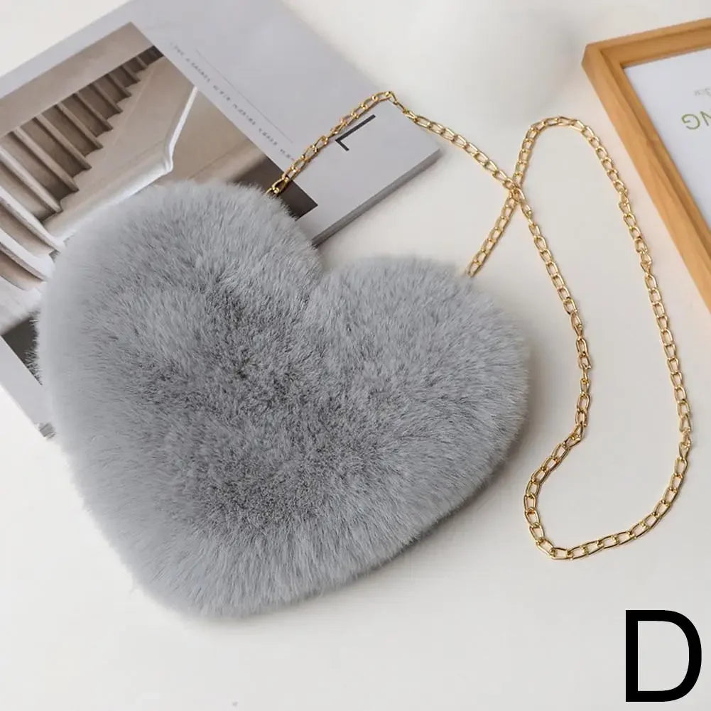 Fashion Women's Heart Shaped Handbags Cute Faux Fur Chain Shoulder Totes Crossbody Plush Bag