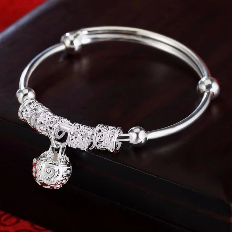 Fine 925 Sterling Silver Bangles Adjustable Hollow Bells Ball Bracelets for Women Fashion Holiday Gifts Party Wedding Jewelry