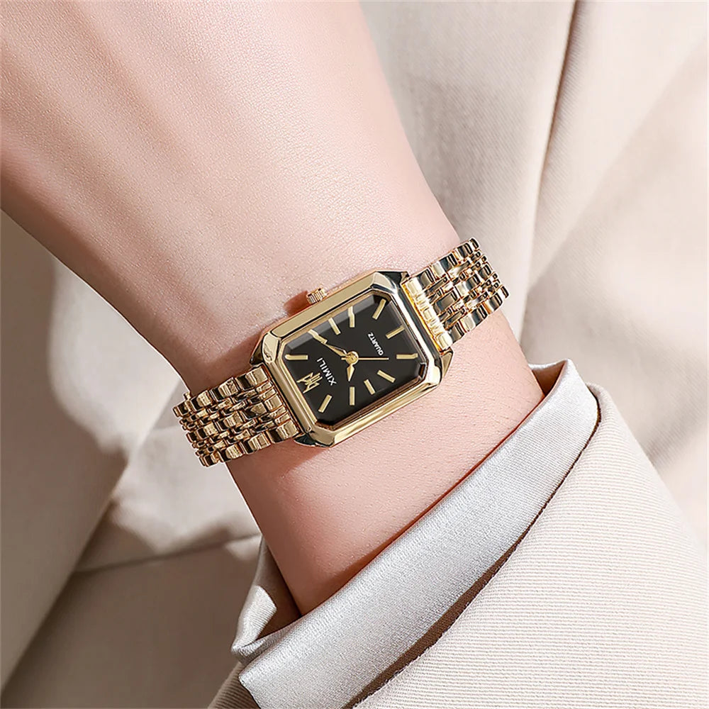 Luxury Ladies Quartz Watch - Simple Scale Square Gold Plated Business Stainless Steel Folding Clock