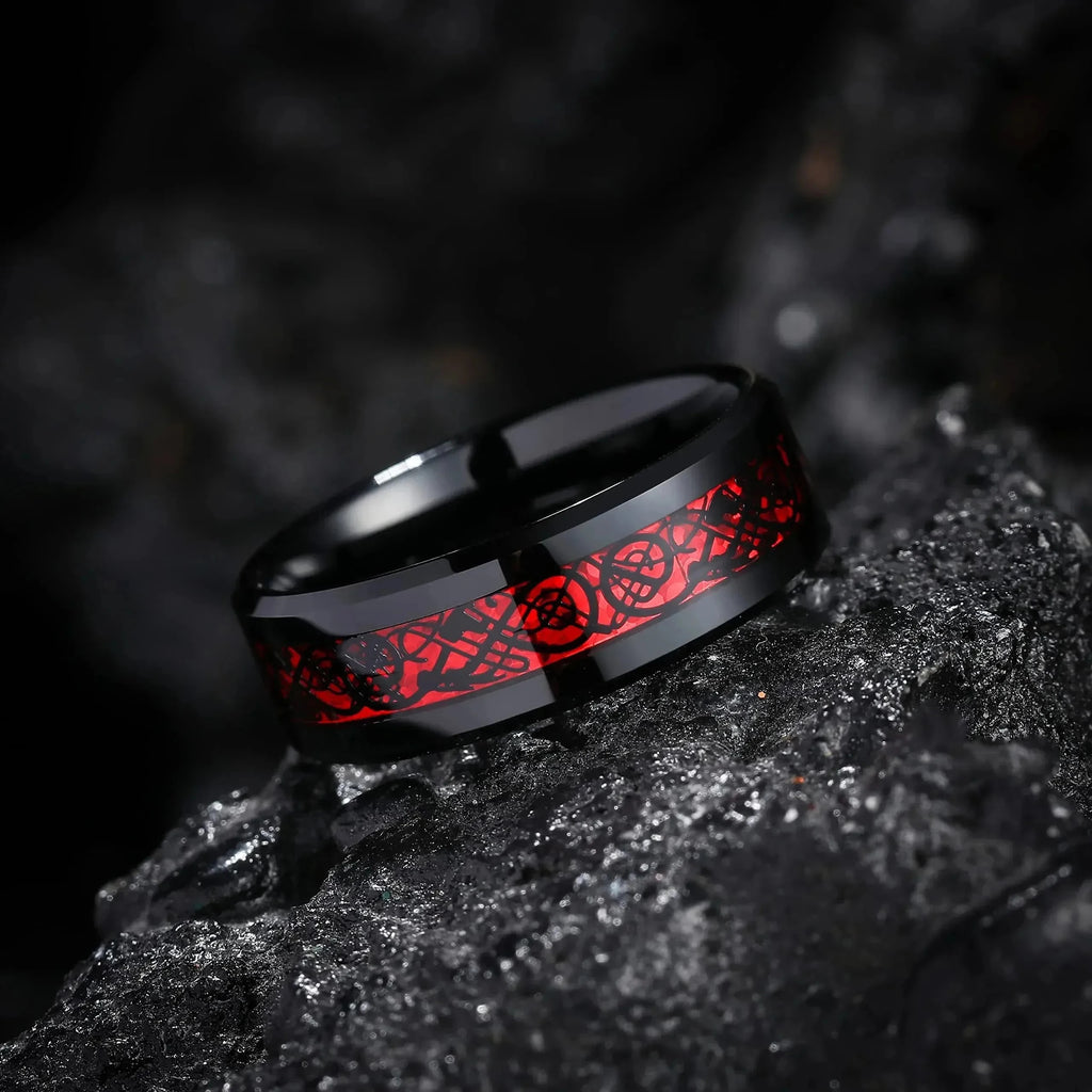 Charm Romantic Couple Rings Set with Red Rhinestones and Trendy Men's Stainless Steel Celtic Dragon Wedding Band Jewelry
