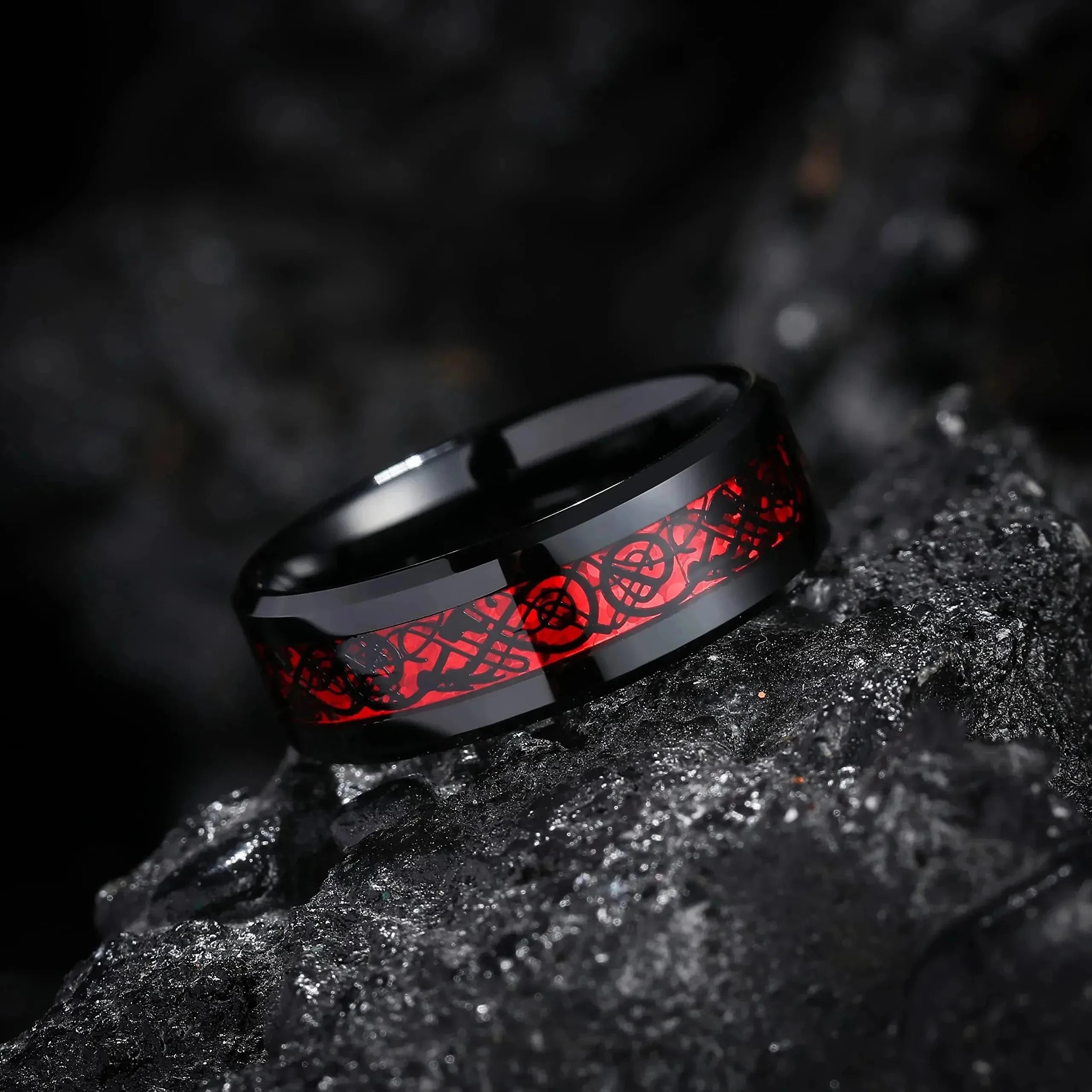 Charm Romantic Couple Rings Set with Red Rhinestones and Trendy Men's Stainless Steel Celtic Dragon Wedding Band Jewelry