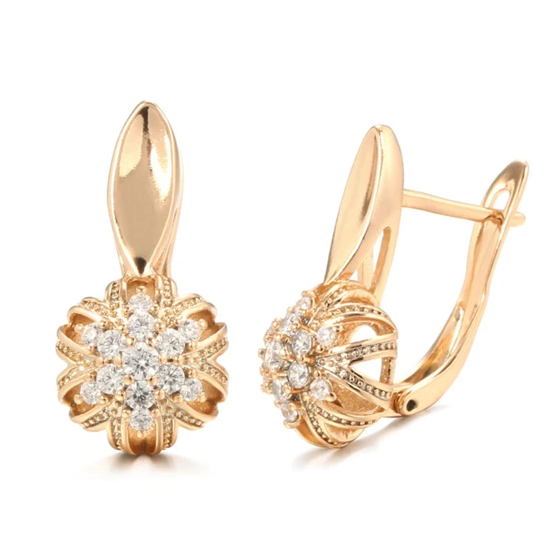 Kinel Hot Crystal Flower Earrings for Women in Luxury 585 Rose Gold Color with Natural Zircon Vintage Fine Jewelry