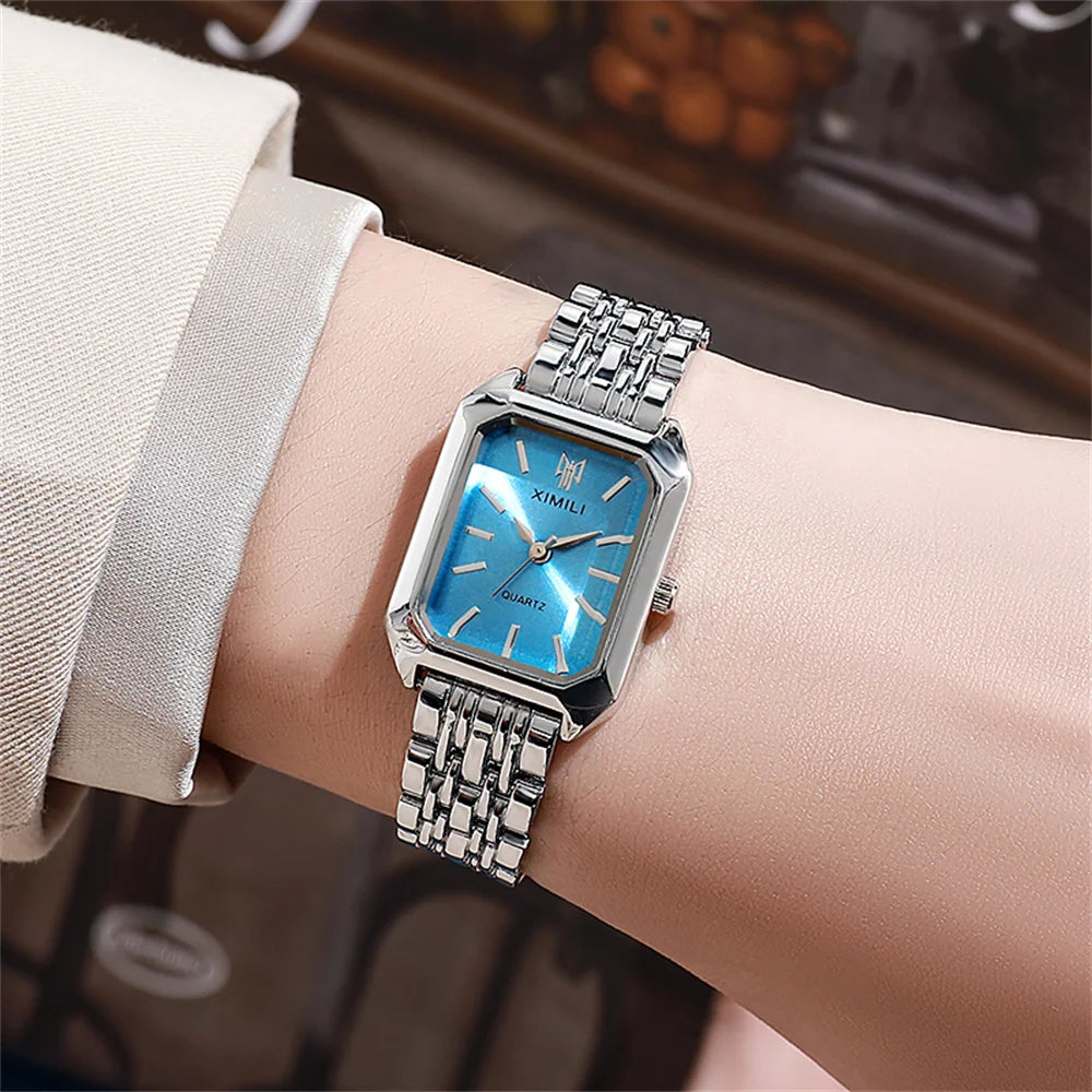 Luxury Ladies Quartz Watch - Simple Scale Square Gold Plated Business Stainless Steel Folding Clock