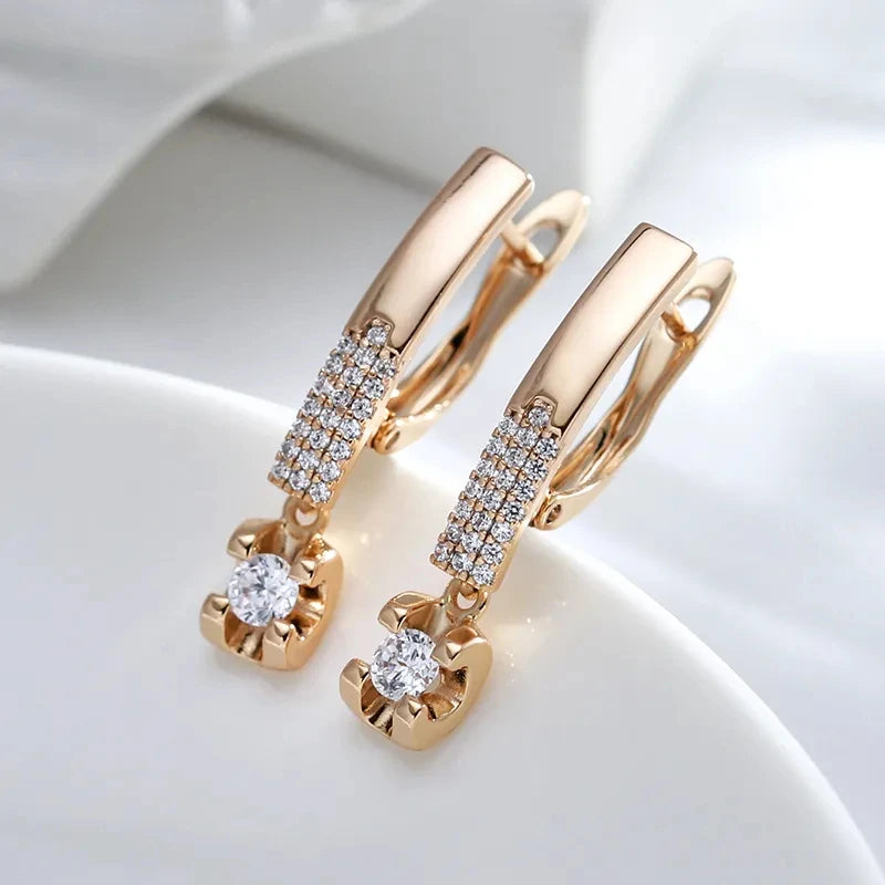 Wbmqda Simple Elegant Drop Earrings For Women 585 Rose Gold Color With White Natural Zircon Daily Party Fine Jewelry Accessories