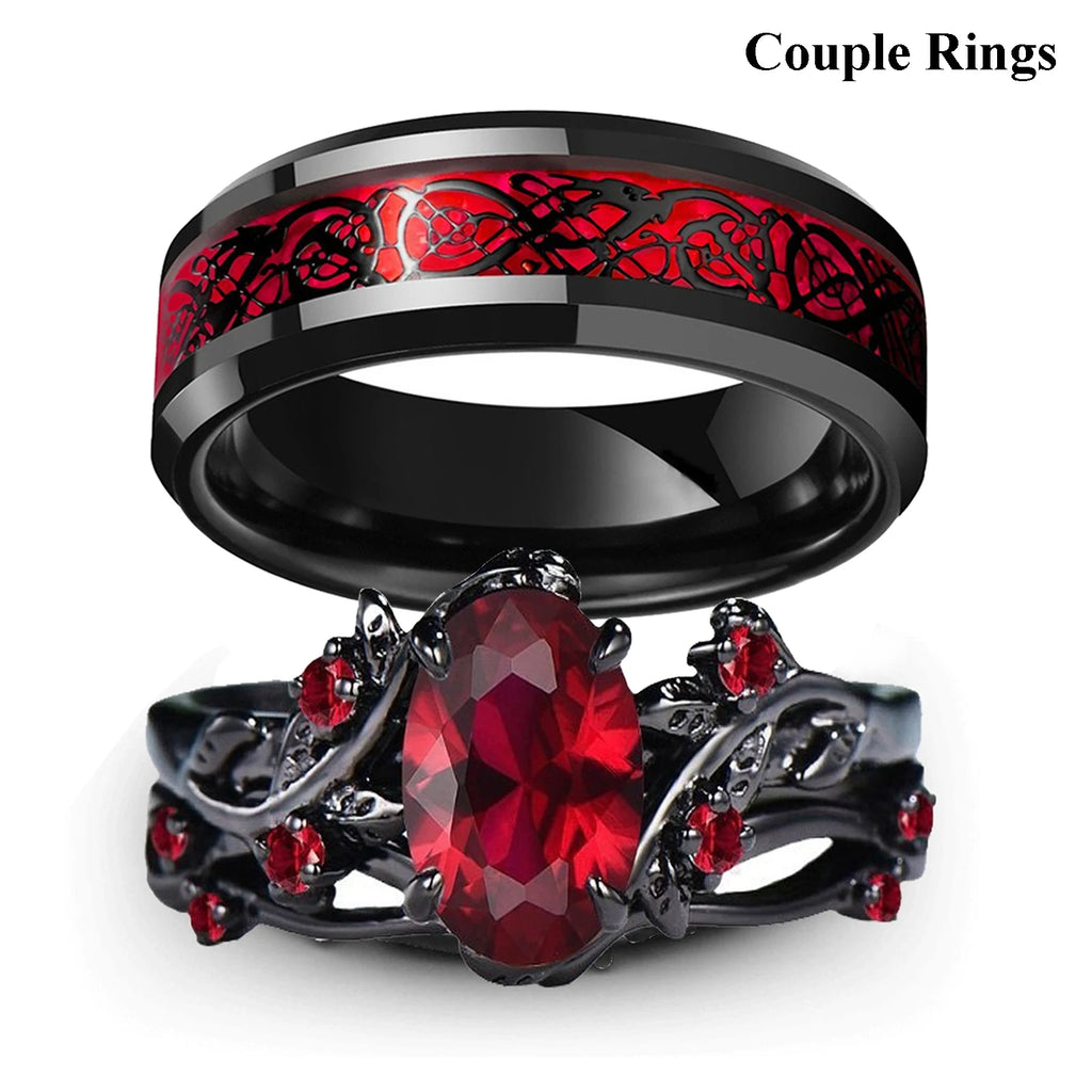 Charm Romantic Couple Rings Set with Red Rhinestones and Trendy Men's Stainless Steel Celtic Dragon Wedding Band Jewelry