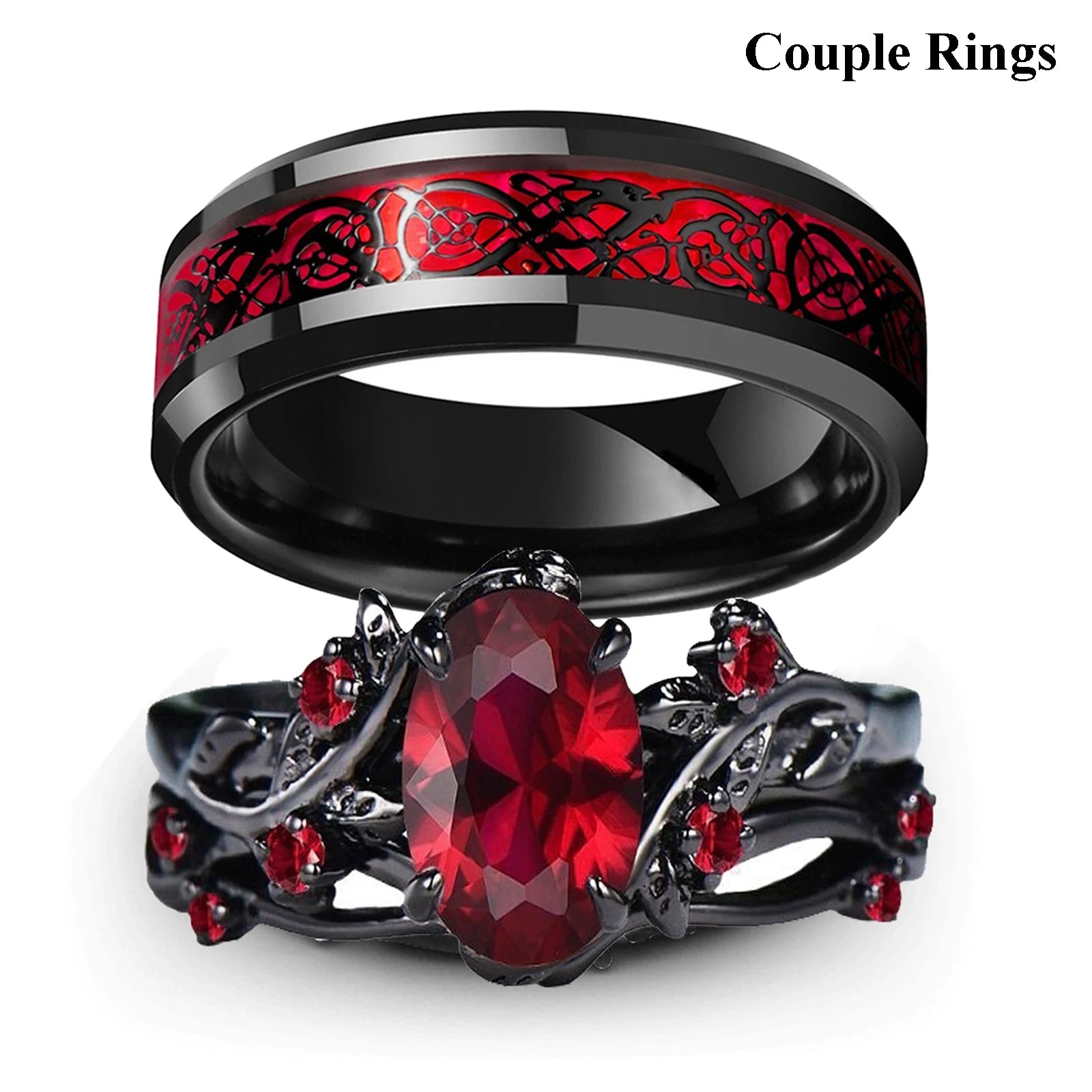 Charm Romantic Couple Rings Set with Red Rhinestones and Trendy Men's Stainless Steel Celtic Dragon Wedding Band Jewelry