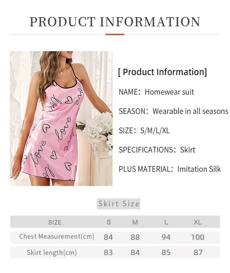 Heart Print Nightdress Casual Round Neck Spaghetti Strap Sleep Dress for Women - Allurra Store