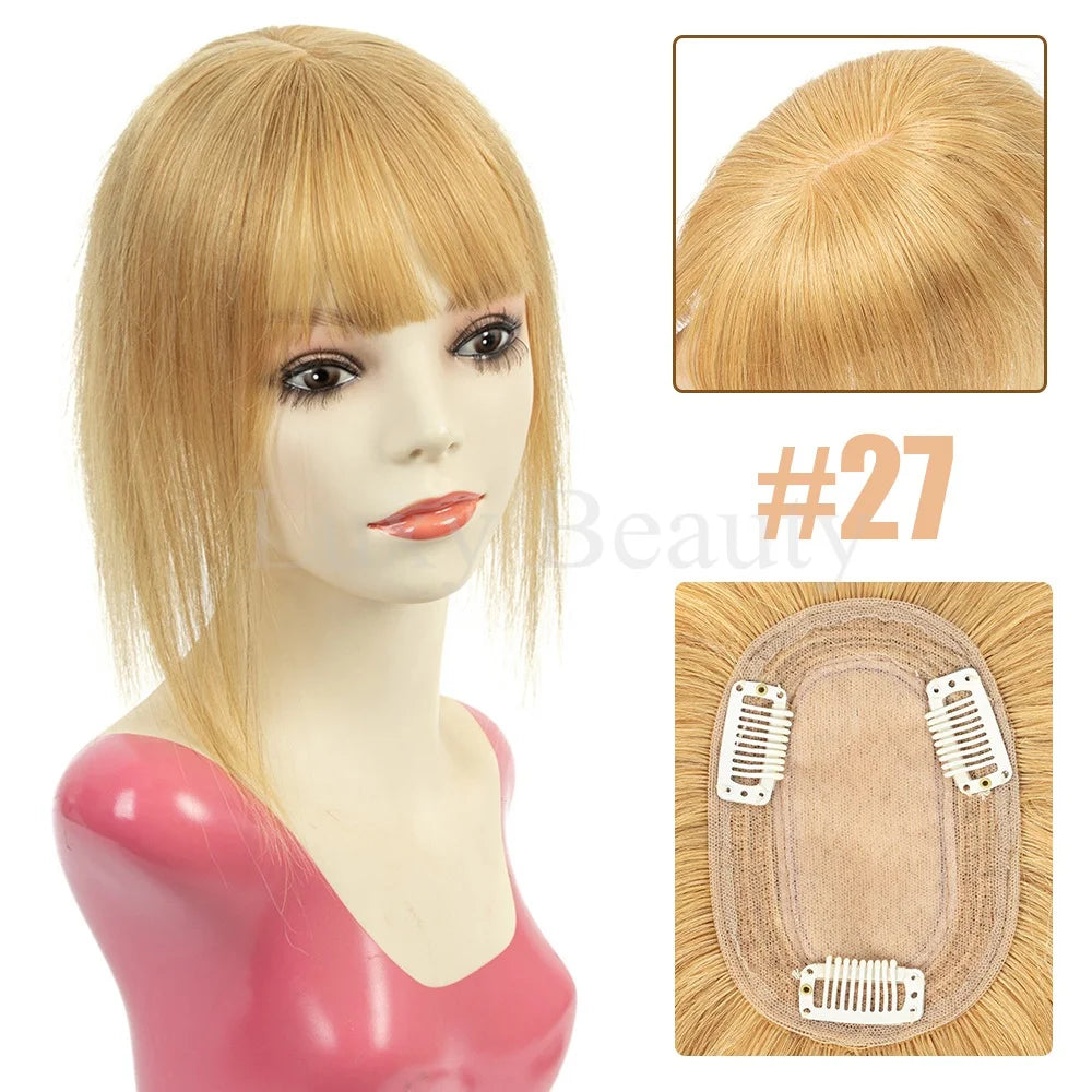 Brown Human Hair Topper with Bangs for Women - 8cmX12cm with Black Highlights for Blonde Skin, Clip-in Hair Piece