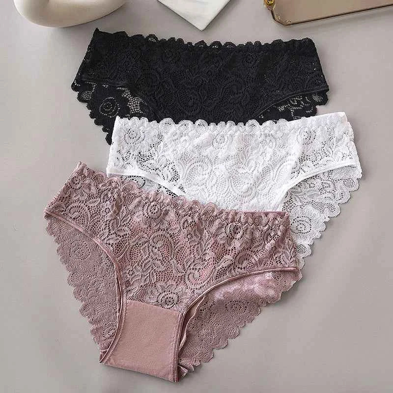 3PCS Set Luxury Floral Lace Panties Women Briefs Sexy Hollow Lingerie Breathable Underwear