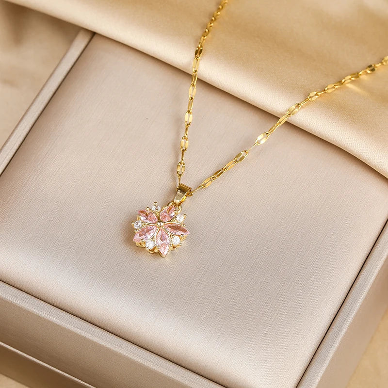 New Cute Pink Sakura Pendant Necklace for Women - Romantic Stainless Steel Clavicle Chain Jewelry Gift in Korean Fashion