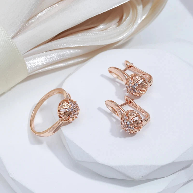 Kinel Hot Crystal Flower Earrings for Women in Luxury 585 Rose Gold Color with Natural Zircon Vintage Fine Jewelry