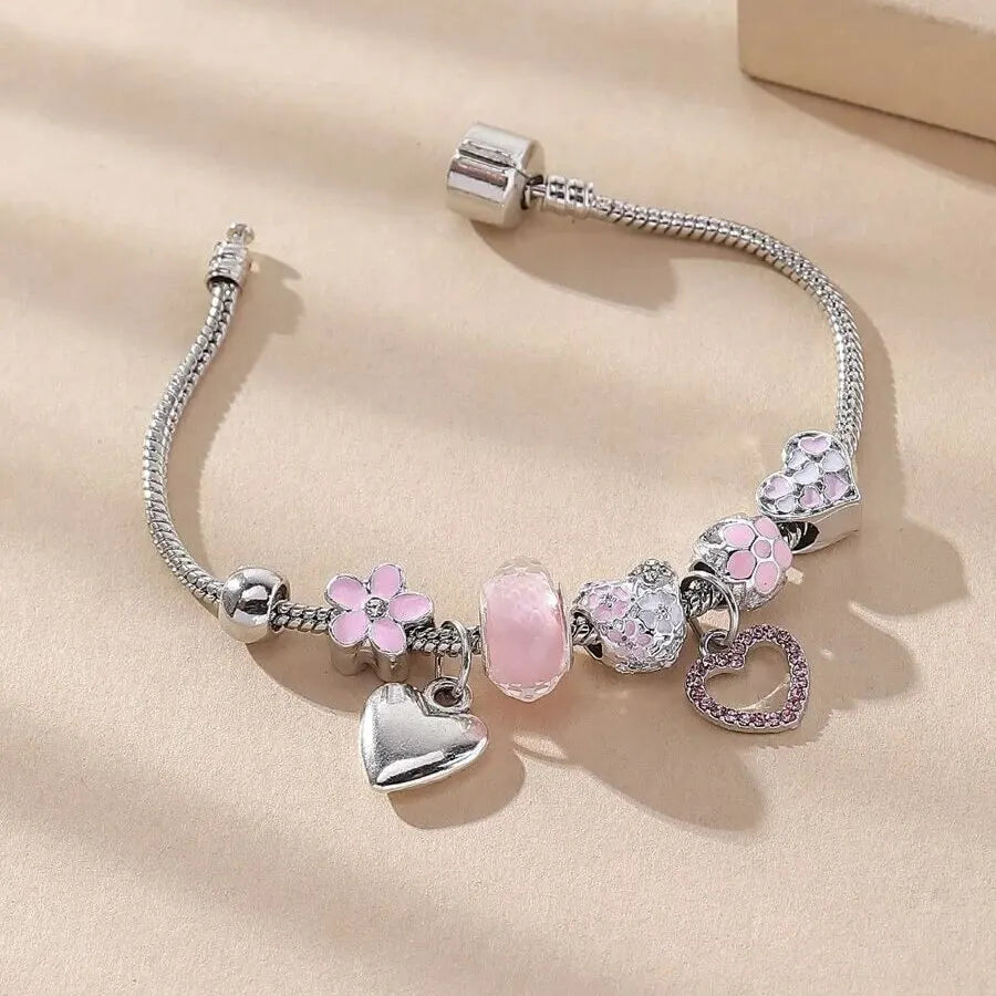 Obega Floral Heart Flower Crystal Charm Bracelet