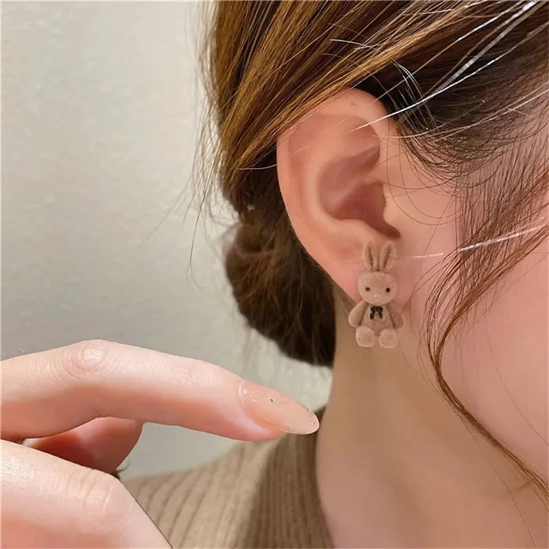 2PC Cute Animal Earrings Flocking Plush Rabbit Bear Stud Jewelry for Women Girls in Brown Khaki - Korean Style S041
